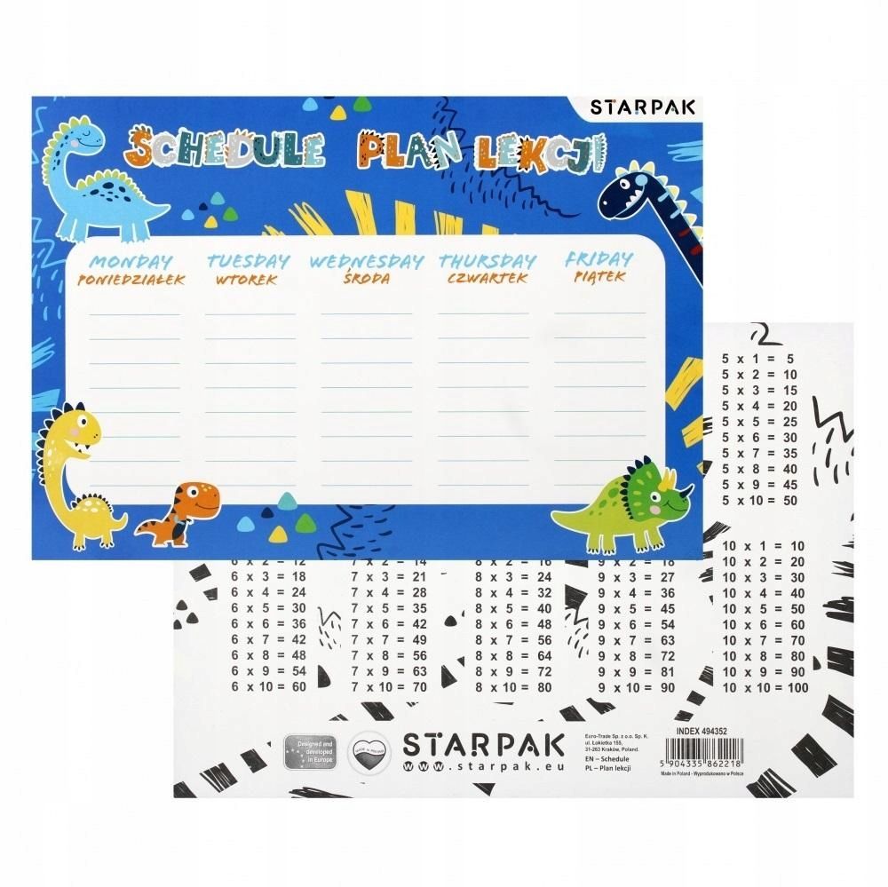 Plan lekcji z tabliczką mnożenia Dino (25szt) – 235056273 - ERLI.pl