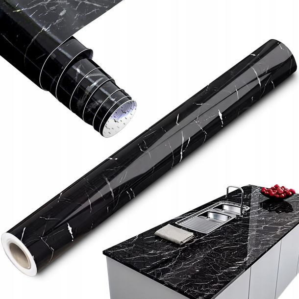 FOLIA SAMOPRZYLEPNA WODOODPORNA OKLEINA MEBLOWA 61X500 CZARNY MARMUR