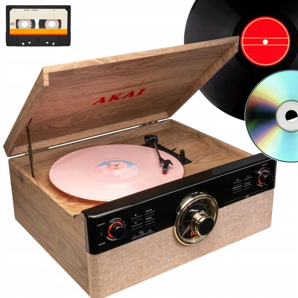 GRAMOFON VINTAGE Z MAGNETOFONEM RADIO FM ODTWARZACZ CD AKAI ATT-300CC