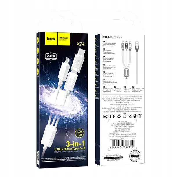 hoco-kabel-3w1-usb-a-do-lightning-micro-usb-typ-c-2a-x74-1-m-bialy-zlacza-usb-usb-typ-c-microusb-lightning