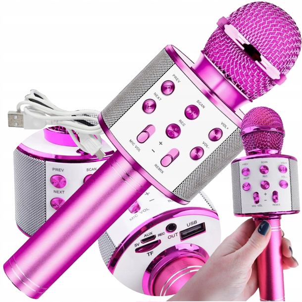 ﻿MIKROFON KARAOKE BLUETOOTH BEZPRZEWODOWY DLA DZIECI GŁOŚNIK USB SD Różowy