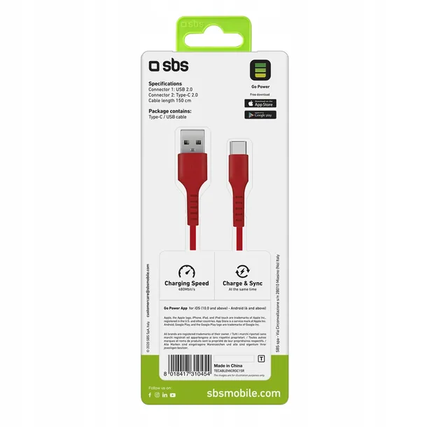 kabel-sbs-usb-a-usb-c-15-m-czerwony-kolor-czerwony