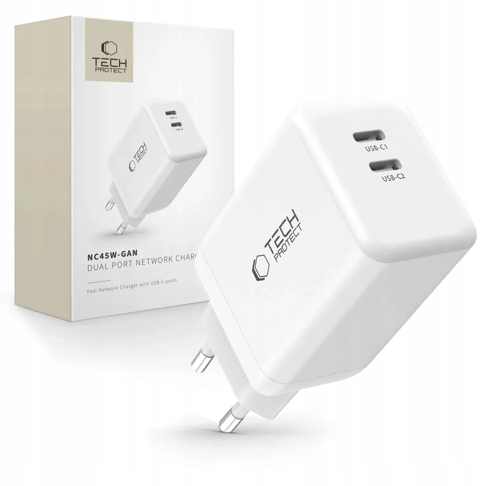 ladowarka-tech-protect-nc45w-gan-2x-usb-c-pd-45w-biale-stan-nowy