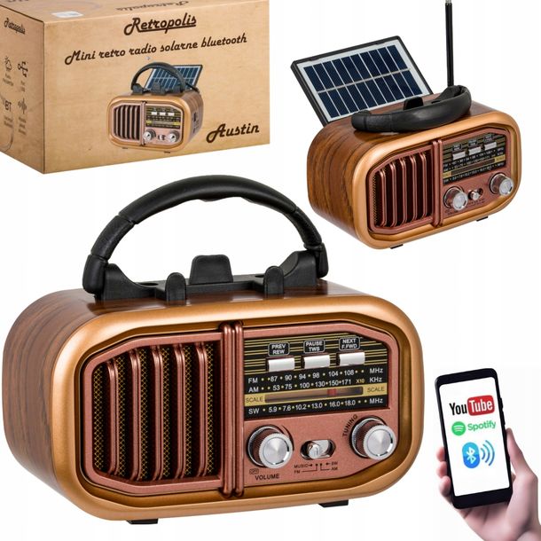 Retropolis AUSTIN Vintage Radio Retro Solar USB microSD Bluetooth 1200mAh