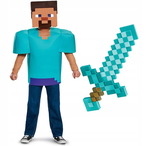 stroj-steve-minecraft-m-7-8-lat-stan-nowy-kolor-dominujacy-niebieski