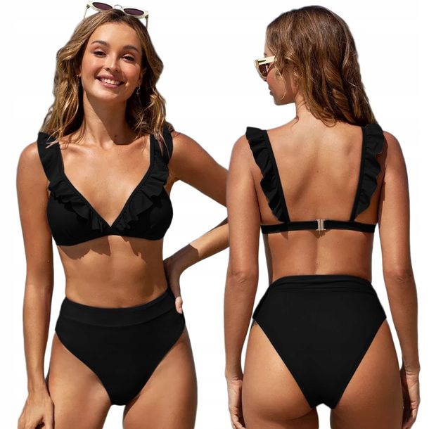 ﻿Strój kąpielowy dwuczęściowy bikini wysoki stan modelujący czarny L 40