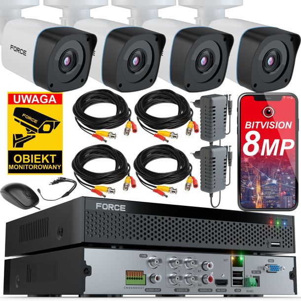 ﻿FORCE Zestaw monitoringu 4x Kamera AHD 8MPx 4K, PODGLĄD ONLINE