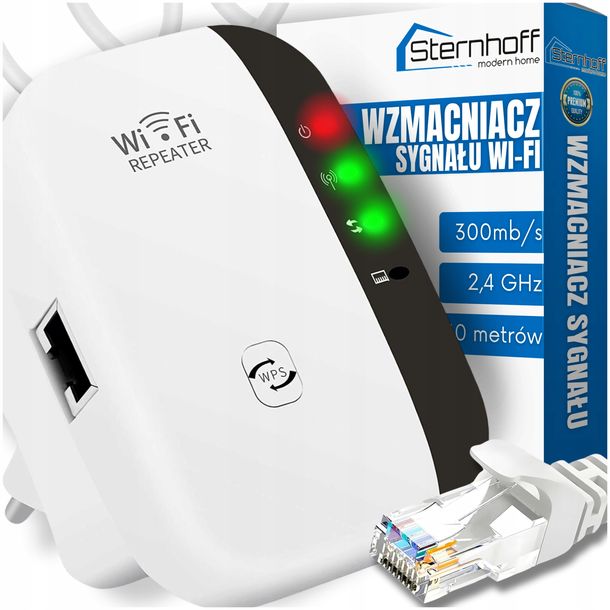 ﻿WZMACNIACZ SYGNAŁU SIECI WIFI MOCNY ZASIĘG 300 Mb/s +KABEL LAN NIE PRZERYWA