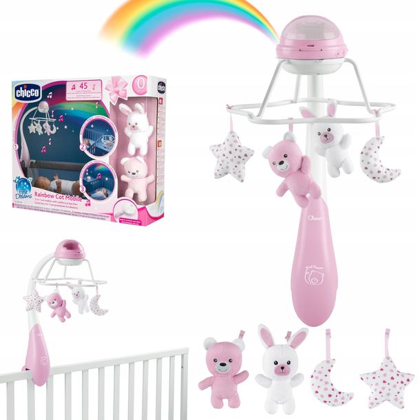﻿KARUZELA NA ŁÓŻECZKO 3w1 GRAJĄCA PROJEKTOR TĘCZY PLUSZAKI CHICCO RÓŻOWA