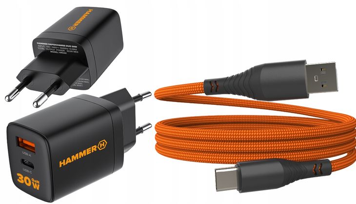 ﻿HAMMER RapidCharge Duo 30W Szybka ładowarka 1xUSB 1xTYP-C + Kabel Hammera