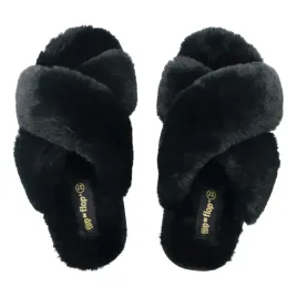 kapcie-damskie-flip-flop-cross-futrzane-czarne-z-krzyzowanymi-paskami