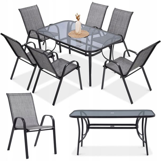 Zestaw Mebli Jadalnianych Ogrodowych STÓŁ 150x90 6x Krzesło BOLOGNA Szary-Zdjęcie-0