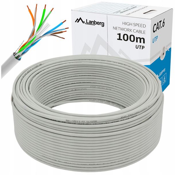 ﻿KABEL PRZEWÓD LAN UTP KAT.6 100M DRUT CU SZARY CPR FLUKE PASSED LANBERG