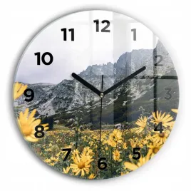 okragly-zegar-szklany-nowoczesny-z-nadrukiem-laka-kwiaty-w-gorach-fi30-cm