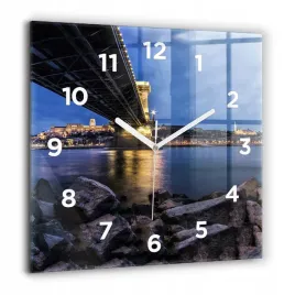 kwadratowy-foto-zegar-szklany-na-sciane-skalisty-brzeg-pod-mostem-60x60-cm