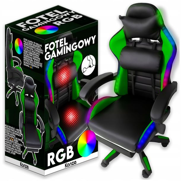 ﻿FOTEL GAMINGOWY LED Z PODNÓŻKIEM ZIELONY RGB MASAŻER REGULOWANY PILOT
