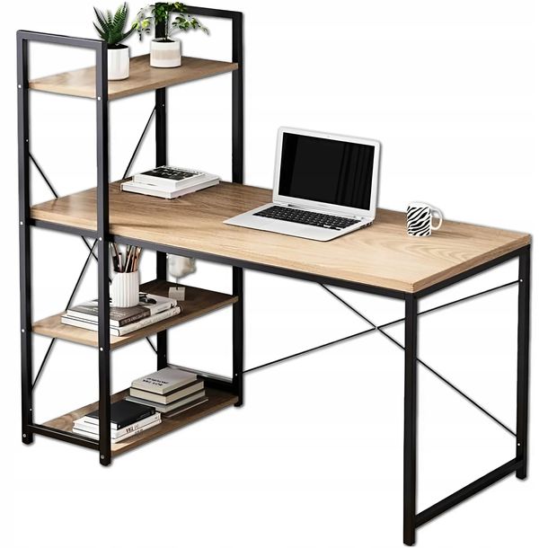 ﻿BIURKO METALOWE STOLIK Z REGAŁEM PÓŁKAMI INDUSTRIALNE LOFT DĄB JASNY 120 cm