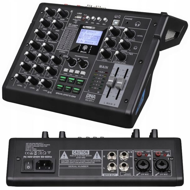 MIKSER ANALOGOWY 4 KANAŁOWY DSP EQ EFEKTY DŹWIĘKOWE USB MP3 BLUETOOTH +48V