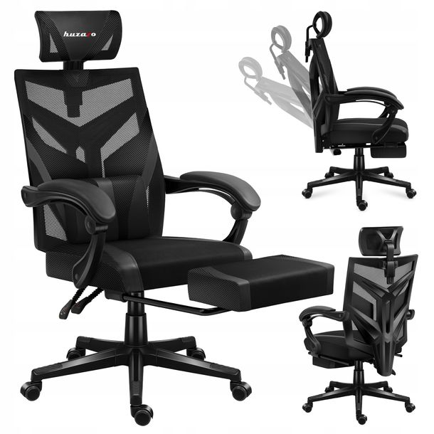 ﻿Fotel Gamingowy OBROTOWY Huzaro GRACZA Czarny Z PODNÓŻKIEM Nylon Mesh-Zdjęcie-0