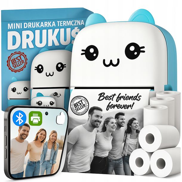 ﻿Mini Drukarka Termiczna DRUKUŚ ORYGINALNY Do Zdjęć Przenośna + 11 ROLEK
