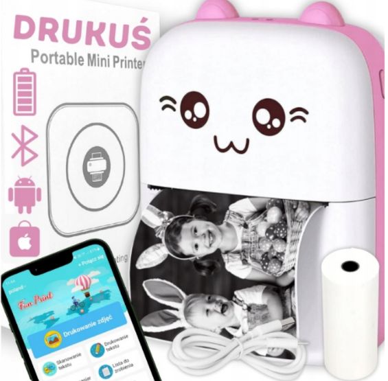 ﻿DRUKUŚ MINI DRUKARKA TERMICZNA PRZENOŚNA PREZENT DLA DZIECI KOT +ROLKA