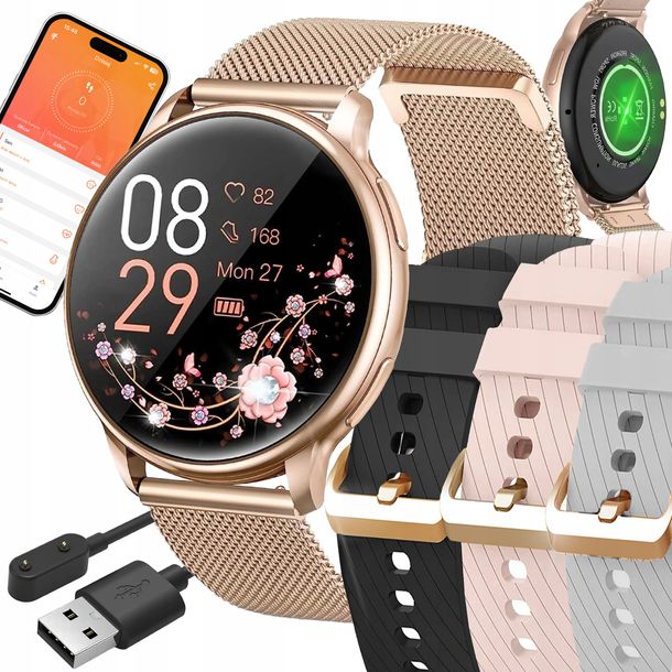 SMARTWATCH ZEGAREK DAMSKI POLSKIE MENU ROZMOWY POWIADOMIENIA SPORT 4 PASKI
