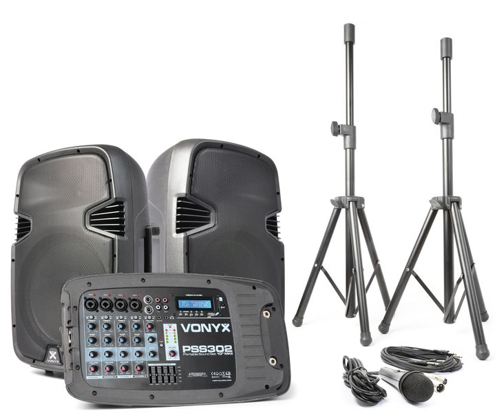 ﻿Zestaw nagłośnieniowy 300W 2x kolumna 10'' mikser mikrofon statywy Vonyx