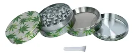 srebrny-crusher-mlynek-do-tytoniu-grinder-metalowy-z-zielonymi-listkami