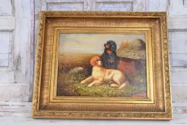 piekny-obraz-psy-mysliwskie-zlota-gruba-rama-beagle-obraz-olejny