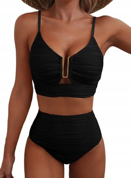 ﻿DWUCZĘŚCIOWY STRÓJ KĄPIELOWY V-NECK Z WYCIĘCIEM WYSOKI STAN CZARNE BIKINI L