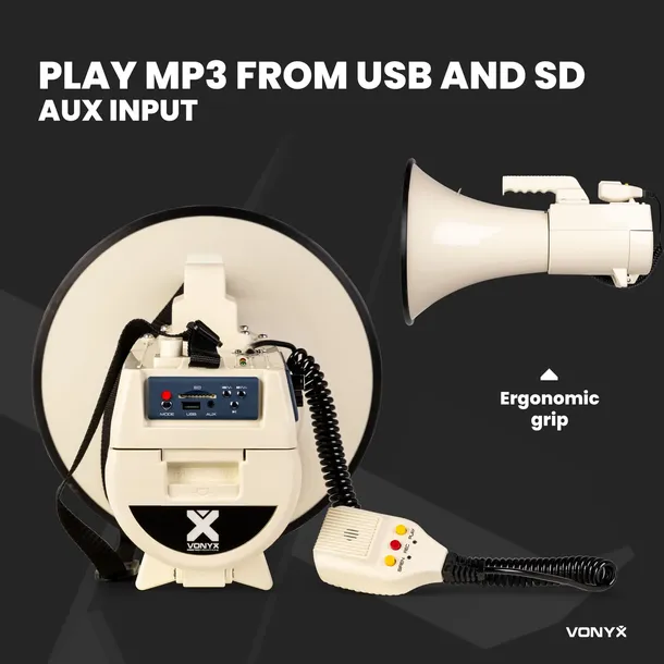 megafon-200w-meg150-vonyx-marka-ltc-audio-funkcje-wbudowany-mikrofon-odtwarzanie-plikow-audio-funkcja-powerbanku-tryb-glosnomowiacy-odbieranie-polaczen-odpornosc-na-zachlapanie-radio-fm-funkcja-karaoke-brak