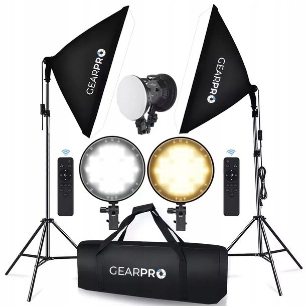 ﻿Softbox Lampy LED Zestaw Oświetlenie Panel z Pilotem 2x500W Statywy Torba