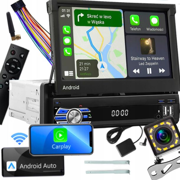 RADIO SAMOCHODOWE 1DIN BT CARPLAY ANDROID AUTO WIFI RDS WYSUWANY EKRAN 2GB