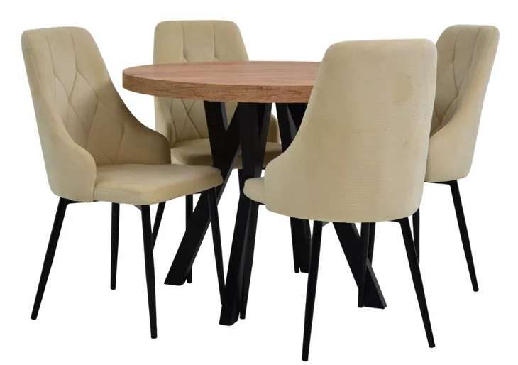 Stół Okrągły, Rozkładany 100x100/200cm + 4 Krzesła Fotelowe Beż+ Kolory