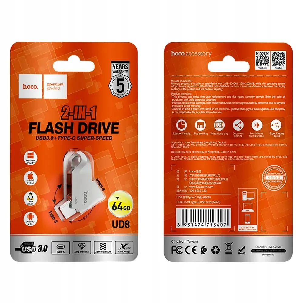 hoco-pendrive-usb-a-usb-c-ud8-64gb-usb3-0