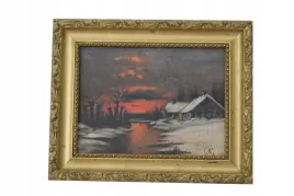 zimowa-sceneria-wiejskie-chaty-przy-rzece-stary-obraz-olejny-rama
