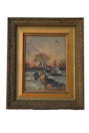 wiejski-pejzaz-chaty-na-brzegu-rzeki-stary-obraz-olejny-rama-30x25cm