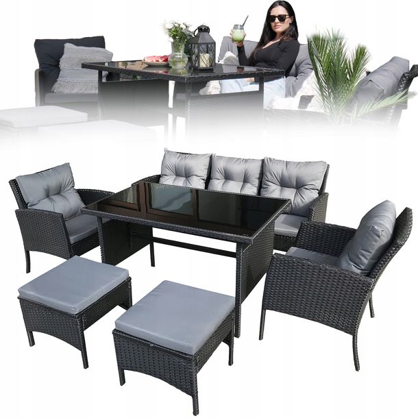 ﻿ZESTAW MEBLE OGRODOWE CZARNY RATTAN STÓŁ SOFA FOTELE PUFY PODUSZKI SZARE