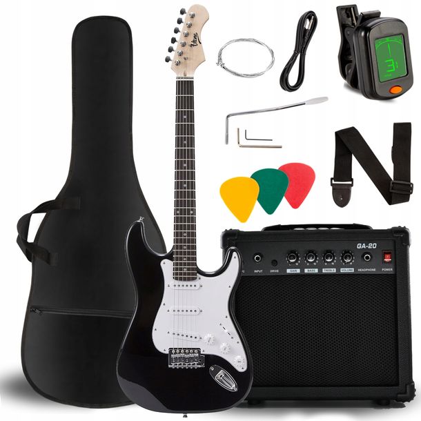 GITARA ELEKTRYCZNA 4/4 STRATOCASTER WZMACNIACZ POKROWIEC TUNER KABEL ZESTAW