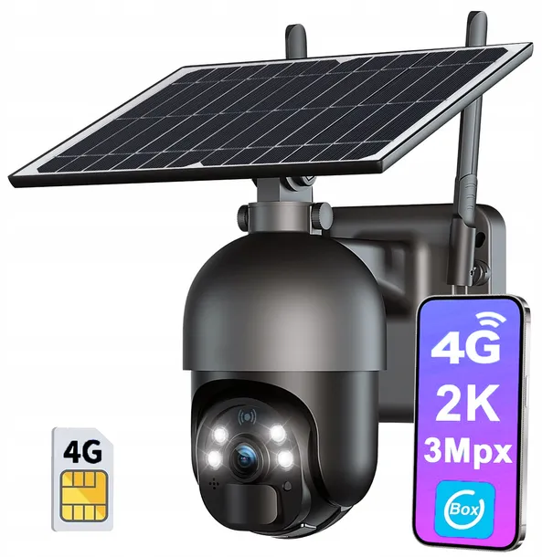 KAMERA SOLARNA ZEWNĘTRZNA OBROTOWA NA KARTĘ SIM 4G LTE GSM 2K 3MP Z KARTĄ