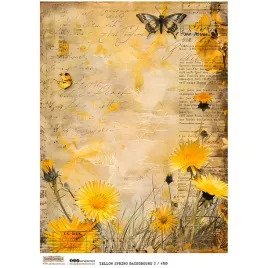 papier-ryzowy-a4-scraplove-yellow-spring-background-3-kwiaty-mlecze-motyl