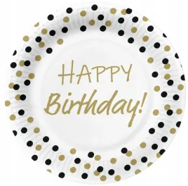 talerzyki-biale-z-konfetti-czarne-zlote-happy-birthday-gold-black-23cm-8szt