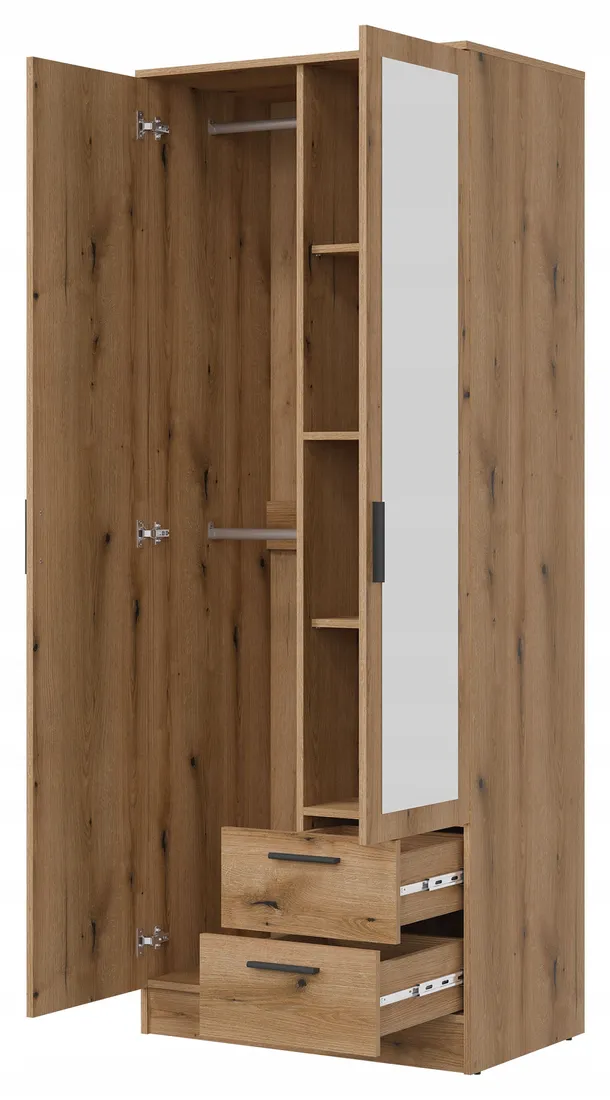 Szafa dwudrzwiowa z szufladami i lustrem wąska 80 cm dąb evoke
