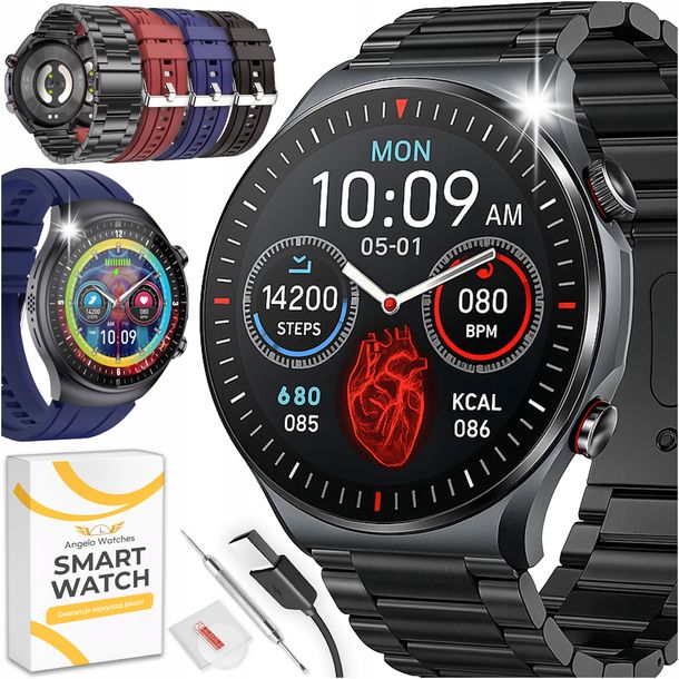 ﻿SMARTWATCH MĘSKI POMIAR CUKRU EKG SKŁAD KRWI ROZMOWY MENU POLSKIE 4 PASKI