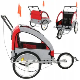 przyczepka-rowerowa-dla-dzieci-amortyzowana-czerwono-szara-2-osobowa