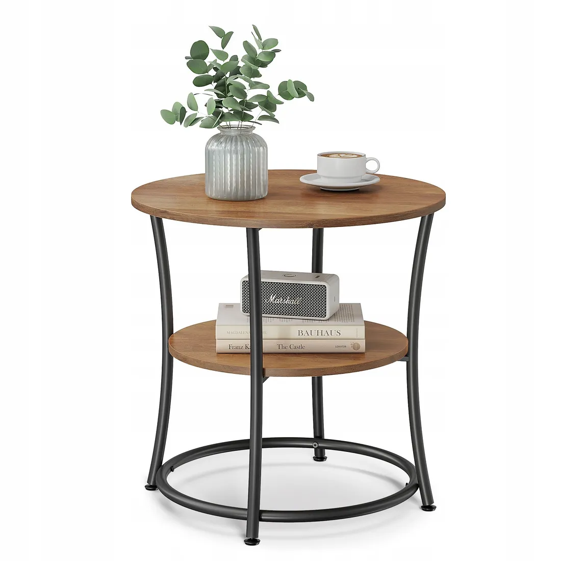 Okrągły stolik kawowy dwupoziomowy orzech pomocniczy 2 blaty