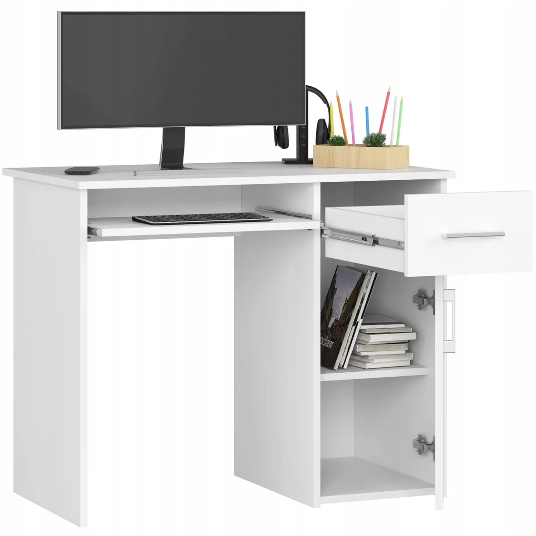 biurko-wolnostojace-biale-1-szuflada-90-cm-1-drzwi-stan-nowy