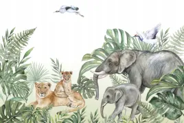 fototapeta-safari-dzungla-tropiki-las-liscie-monstera-lwica-lwiatko-slon