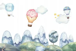 fototapeta-dla-dzieci-akwarelowa-latajace-balony-nad-gorami-i-drzewami