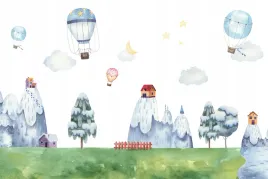 fototapeta-akwarelowa-dla-dzieci-balony-dom-gory-las